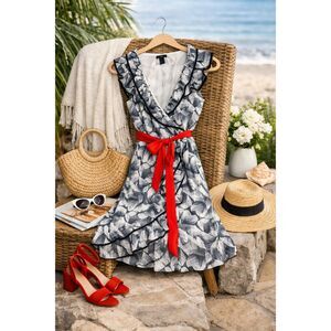 H&M Blue White Wrap Dress Ruffle Summer Casual Tie Waist Size 12